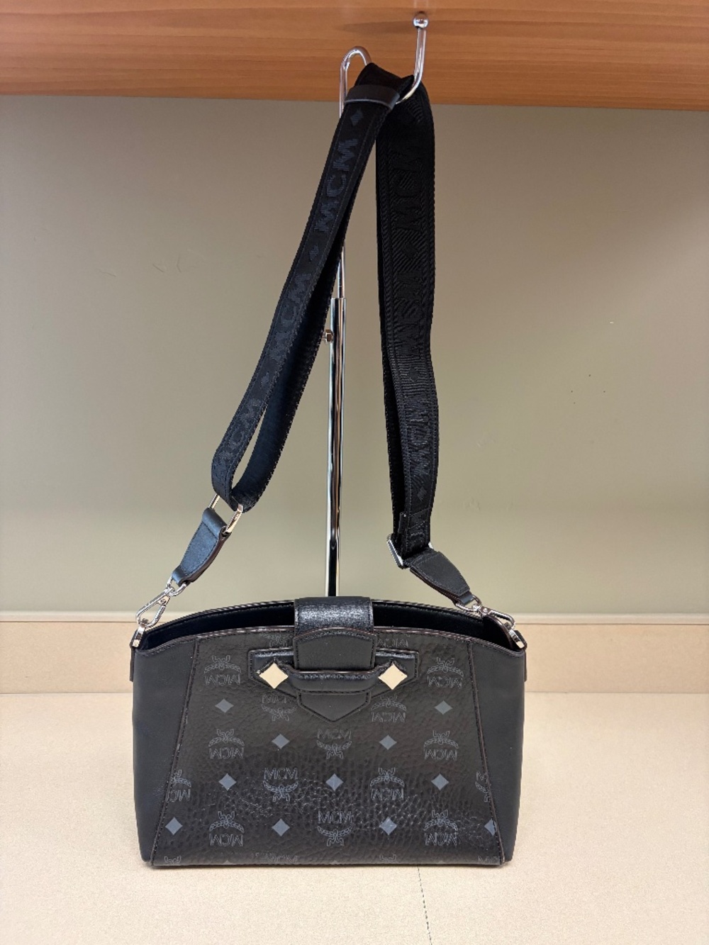 Authentic MCM Essential Crossbody Bag Black Visetos Leather With Dust Bag